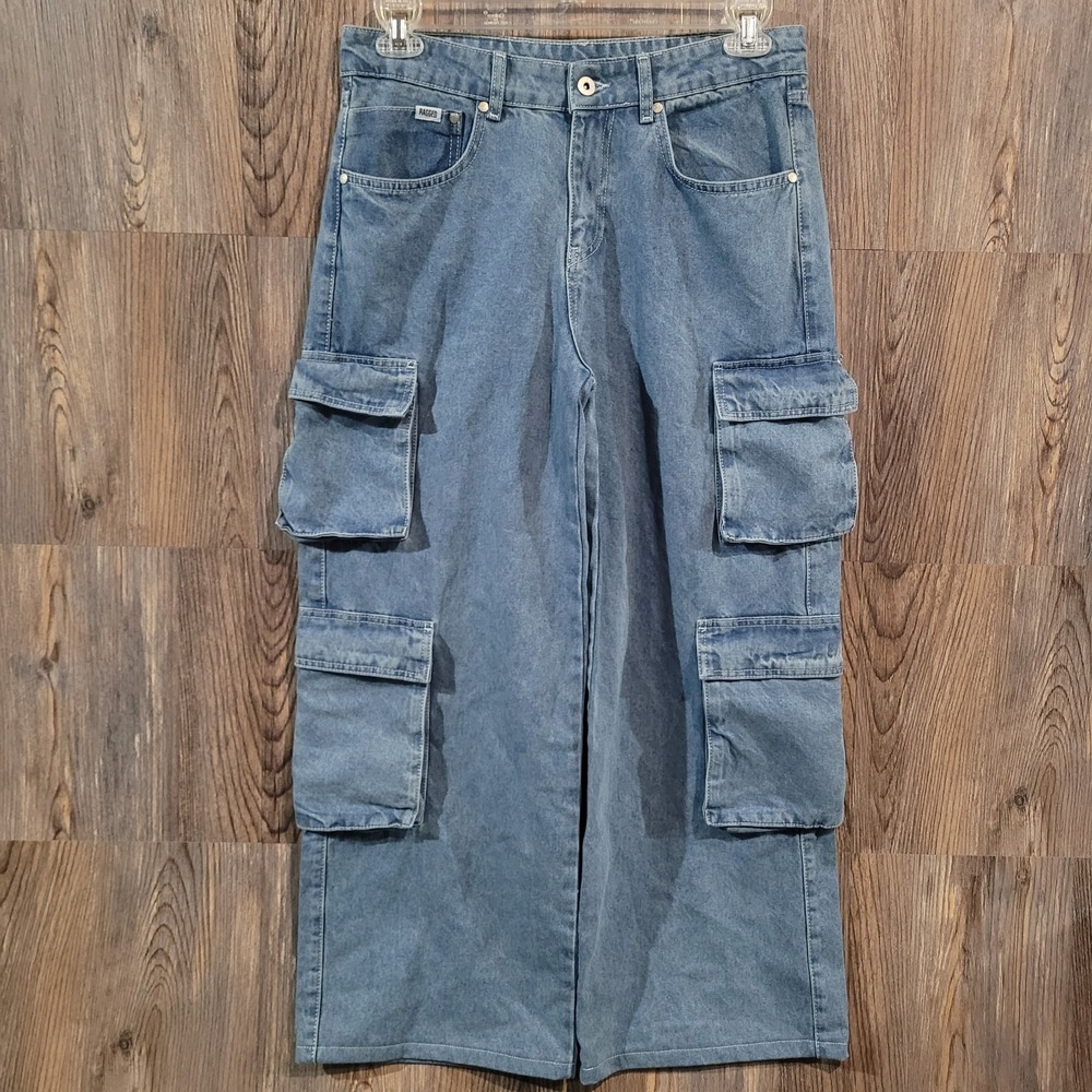 The Ragged Priest Baggy Wide Leg Cargo Jeans 28x27 Light Wash Grunge Streetwear